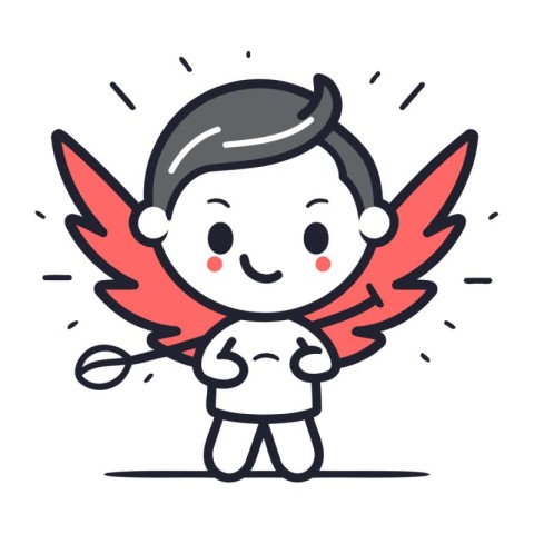 Cute little boy with angel wings. Vector line art illustration.