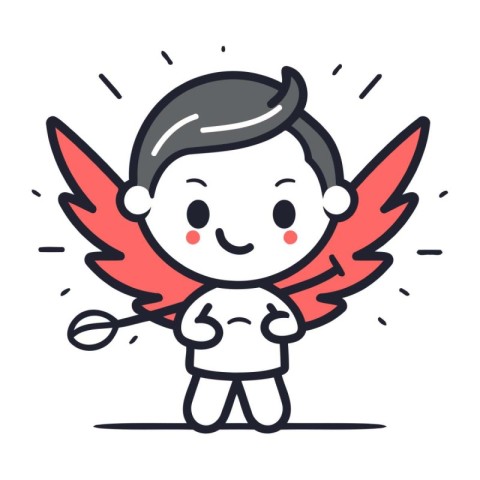 Cute little boy with angel wings. Vector line art illustration.