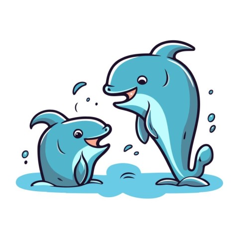 Cartoon dolphin and baby dolphin on white background. Vector ill