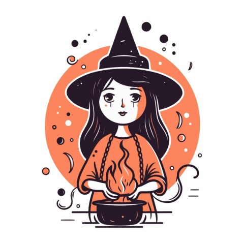 Cute witch girl with a pot of fire. Vector illustration.