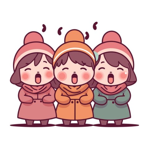 Cute little girls in warm clothes. Vector illustration. Cartoon