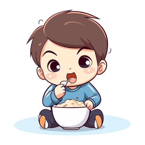 Cute little boy eating cereal. Vector illustration. Isolated on