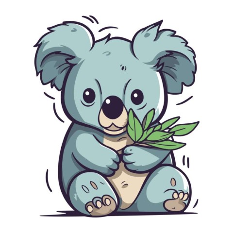 Cute cartoon koala holding a green leaf. Vector illustration.