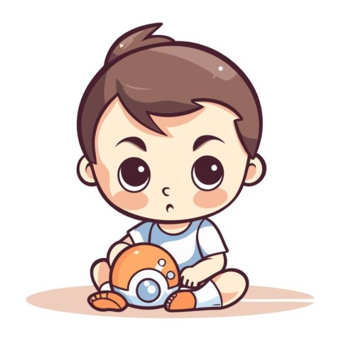 Cute baby boy playing with toys. Vector illustration in cartoon