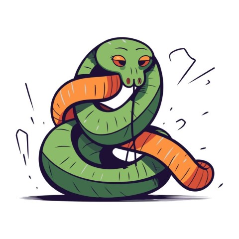 Vector cartoon illustration of a green snake with a worm in its