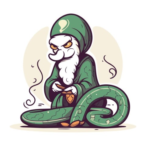 Santa Claus sitting on a green snake and smoking pipe. Vector il