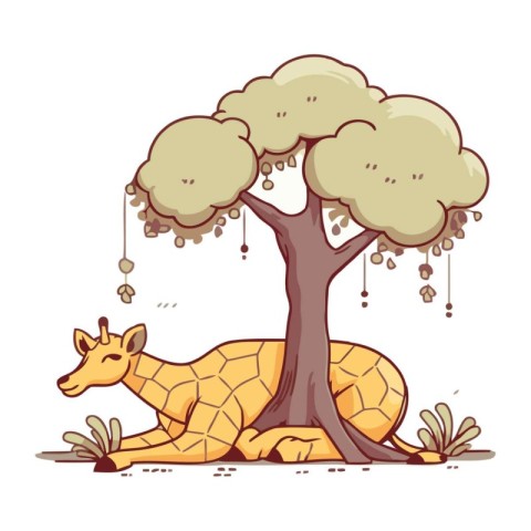 Illustration of a cute giraffe sleeping under a tree. Vector ill