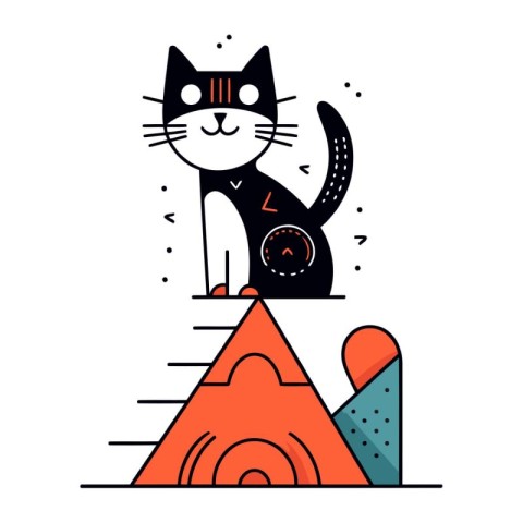 Cute black cat on the top of the pyramid. Vector illustration.