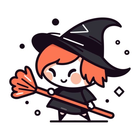 Cute little girl in a witch costume with a broom. Vector illustr