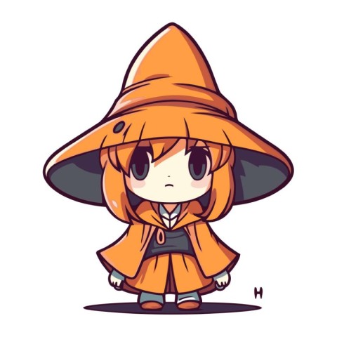 Cute cartoon witch in orange cloak and hat. Vector illustration.