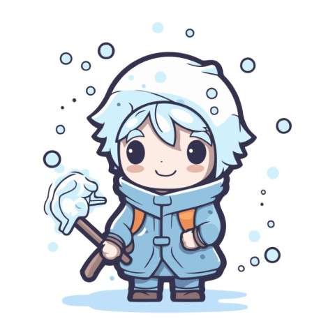 Cute cartoon boy in winter clothes with ice cap and ice ax