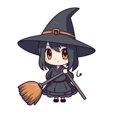 Cute witch with a broom in her hands. Vector illustration.