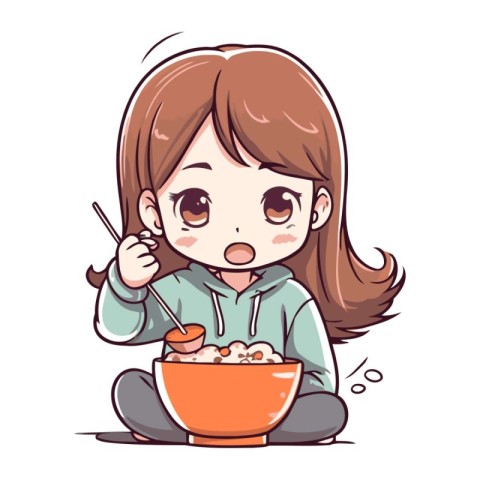 Illustration of a cute little girl eating a bowl of cereals