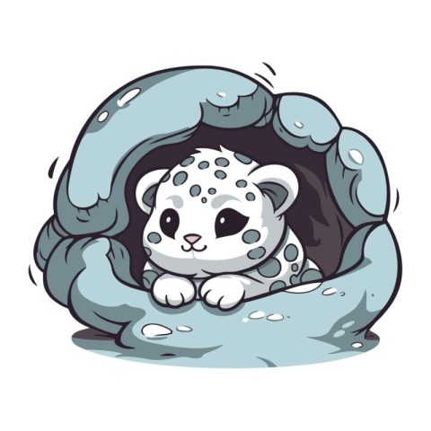 Cute cartoon snow leopard in a hole. Vector illustration.