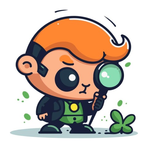 Cute cartoon boy with magnifying glass and clover. Vector illust