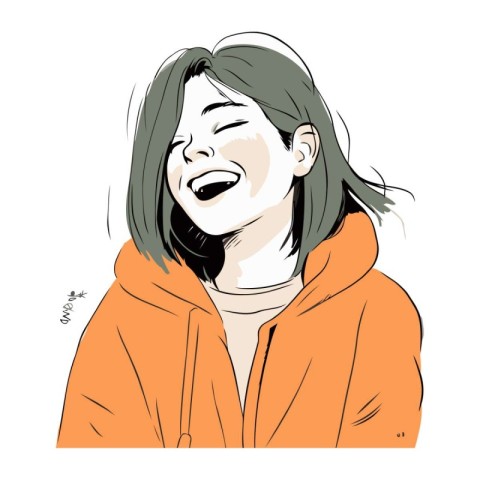 Vector illustration of a girl in an orange hoodie on a white bac