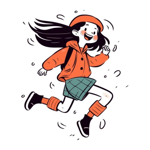 Vector illustration of a girl in a red coat jumping and running.