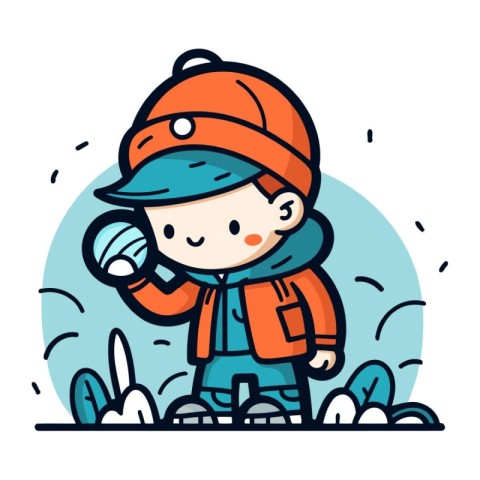 Cute little boy playing snowballs in winter. Vector illustration