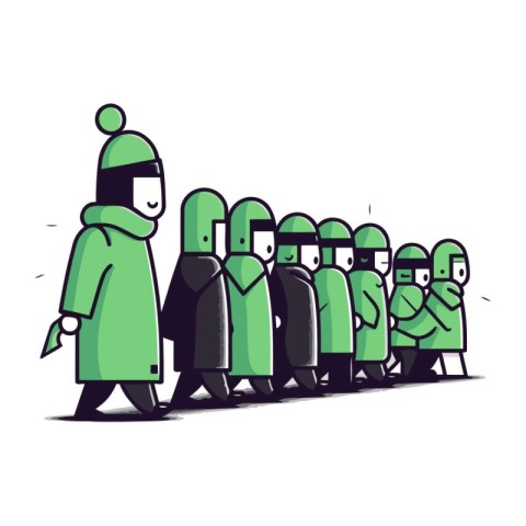 Cartoon illustration of a group of people standing in a row.