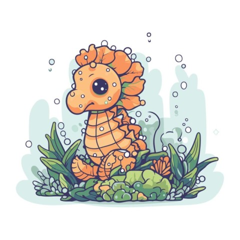 Cute dinosaur with flowers and plants. Vector illustration in ca