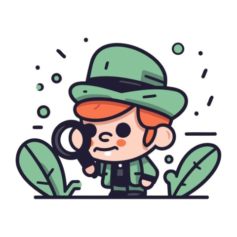 Cute boy in safari hat with binoculars. Vector illustration