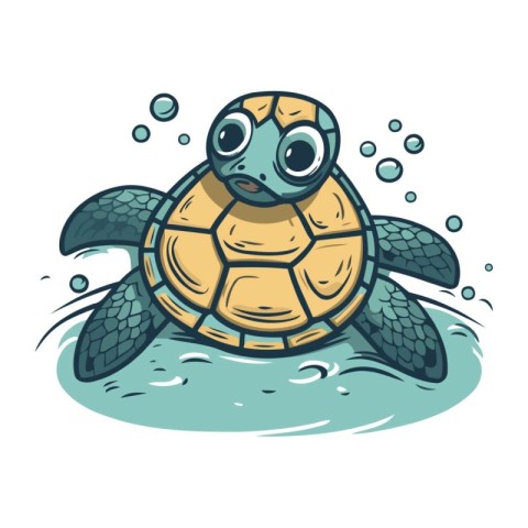 Cute cartoon sea turtle swimming in the water. Vector illustrati