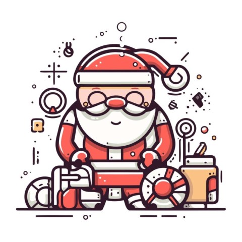 Santa Claus sitting with a bag of gifts. Vector line illustratio