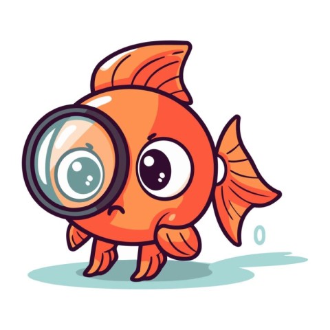 Cartoon cute orange fish with magnifying glass. Vector illustrat