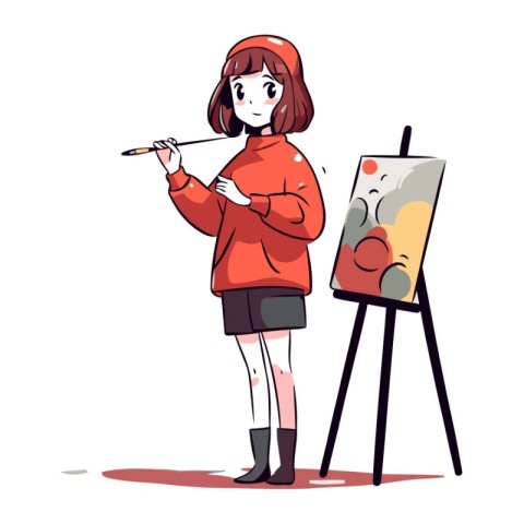 Girl painting on easel. Vector illustration in a flat style.