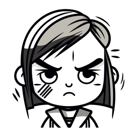 Angry Girl   Black and White Cartoon Vector Illustration