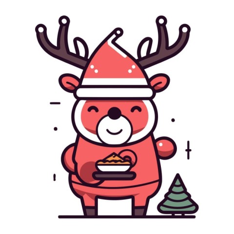 Cute reindeer in santa claus hat holding cookies. Vector illustr