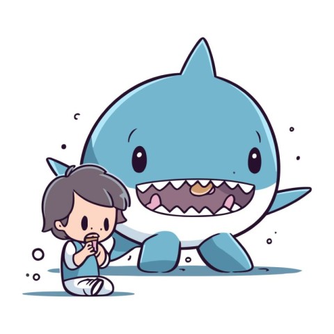 Illustration of a Little Boy Crying and Playing with a Shark