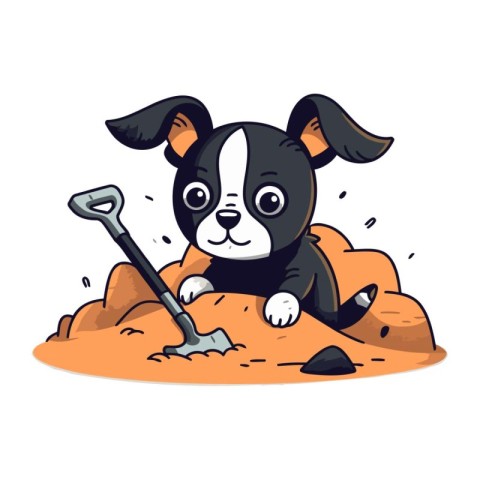 Cute cartoon dog digging a hole with a shovel. Vector illustrati