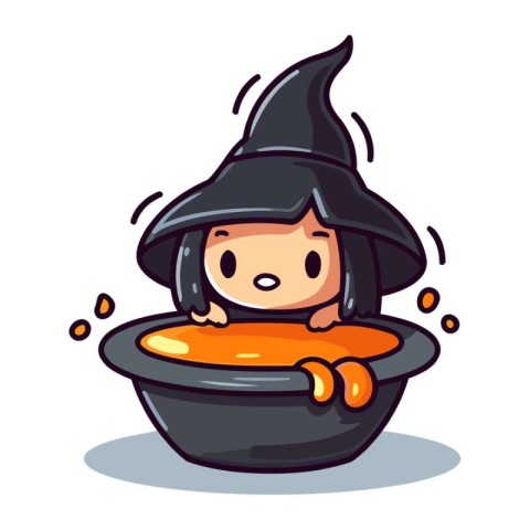 Cute girl in witch costume holding pot of potion. Vector illustr