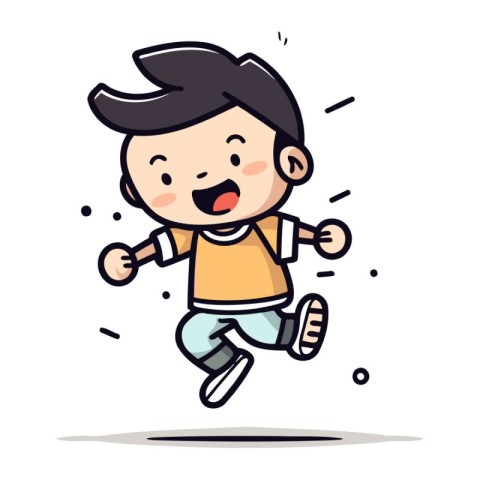 Happy little boy jumping and running. Cartoon character. Vector