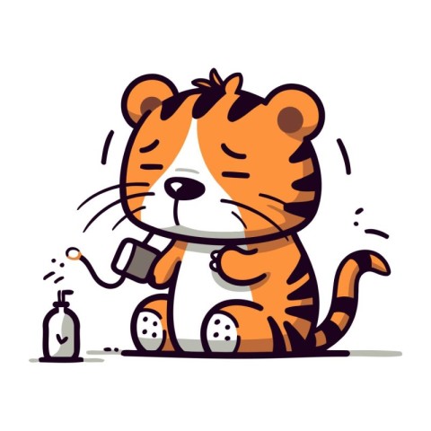 Cute tiger with a bottle of sanitizer. Vector illustration.