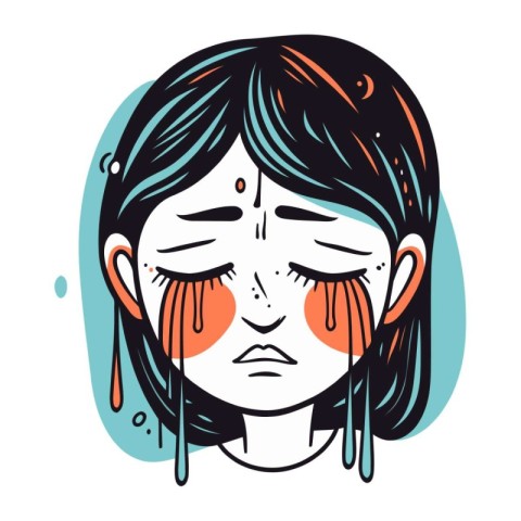 Sad girl with tears in her eyes. Vector illustration in sketch s