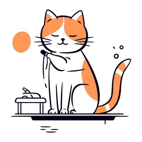 Vector illustration of cute cat in flat line style. Cute cat sit