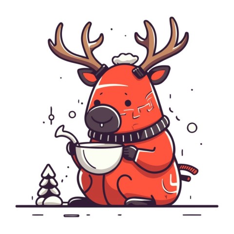 Cute Christmas reindeer with cup of hot drink. Vector illustrati