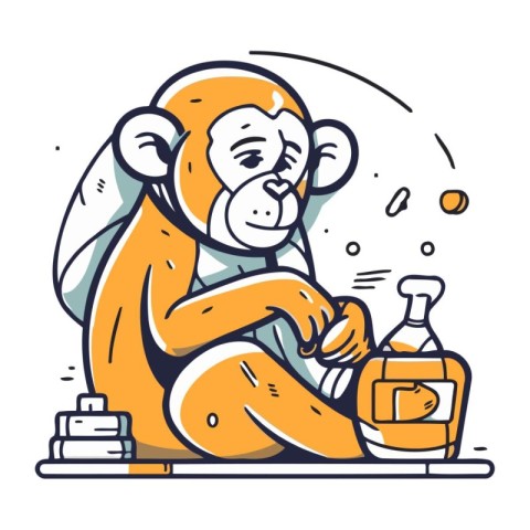 Monkey sitting on the floor with a bottle of alcohol. Vector ill