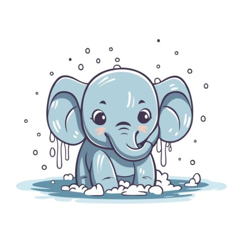 Cute cartoon baby elephant in a puddle. Vector illustration.