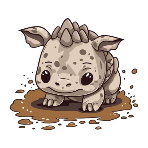 Cute baby rhinoceros in mud. Vector illustration.