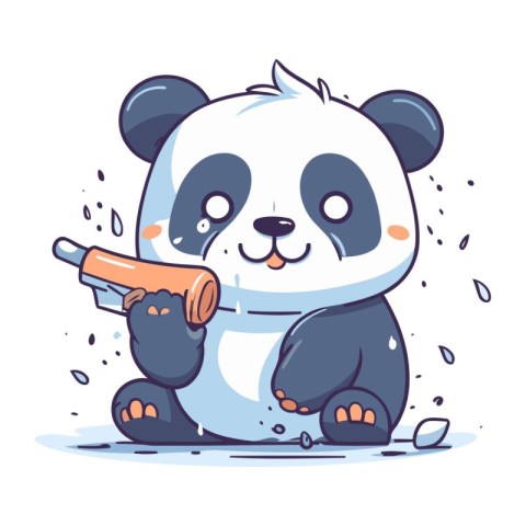 Cute panda holding a wooden stick. Vector illustration in cartoo