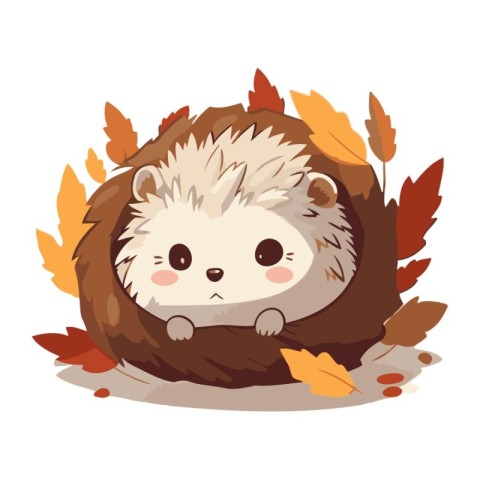 Cute hedgehog with autumn leaves on white background. Vector ill