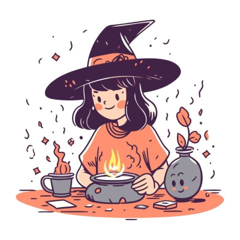 Halloween witch girl. Vector illustration in doodle style.