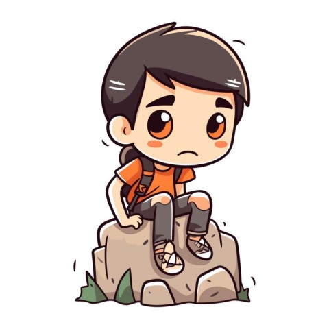 Cute little boy sitting on a rock. Vector cartoon illustration.