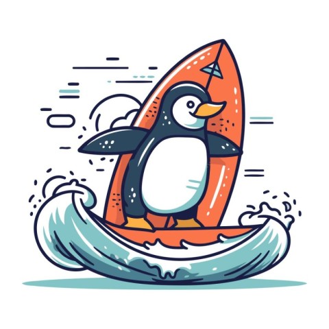 Cute penguin with surfboard. Vector illustration in cartoon styl