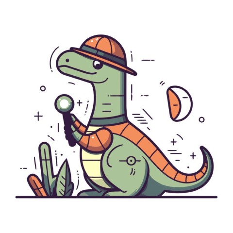 Cute crocodile with magnifying glass. Vector illustration in fla