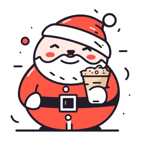 Santa Claus with ice cream. Vector illustration in thin line sty