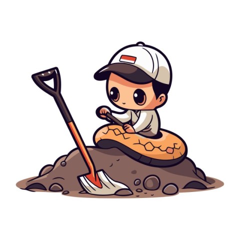 Cute boy digging a hole in the ground. Vector illustration.